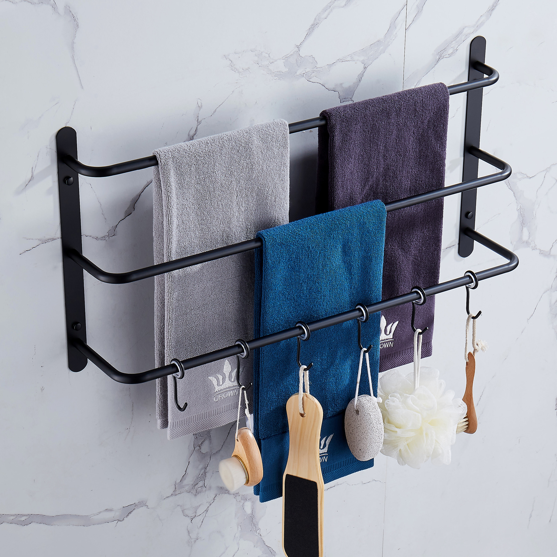 three-stagger-layers-towel-rack-upgraded-with-six-movable-hooks-stainless-steel-towel-bars-bathroom-accessories-set-for-hanging-bath-sponge-and-towels-matte-black-17-72-inches-kjwy005hei-45cm