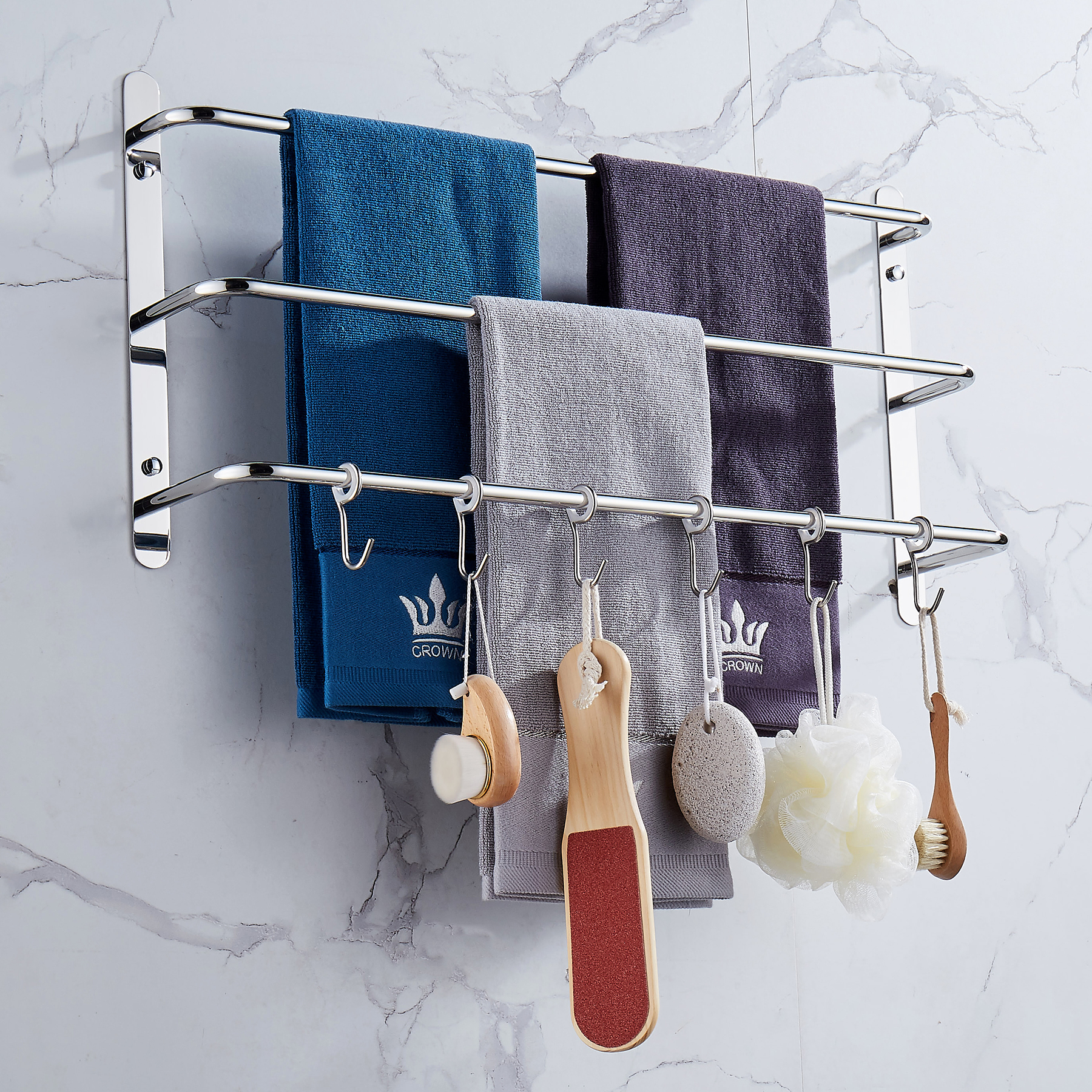 three-stagger-layers-towel-rack-upgraded-with-six-movable-hooks-stainless-steel-towel-bars-bathroom-accessories-set-for-hanging-bath-sponge-and-towels-bright-polishing-17-72-inches-kjwy005yin-45cm